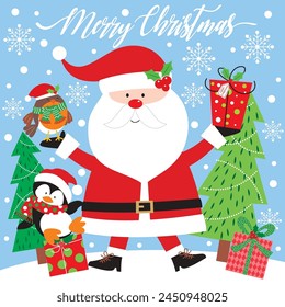 Christmas card design with santa, penguin and robin bird