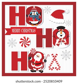 Projeto de cartão de Natal com santa, pinguim, boneco de neve e ho ho