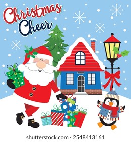 Christmas card design with Santa, penguin, gifts and house