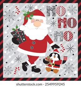 Christmas card design with Santa, penguin and ho ho ho