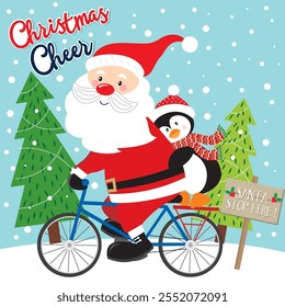 Christmas card design with Santa and penguin on bicycle 