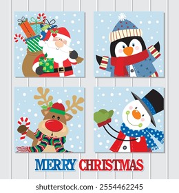 Christmas card design with Santa, penguin, reindeer and snowman