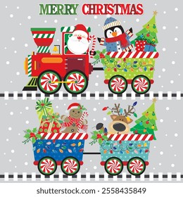 Christmas card design with Santa, penguin, reindeer, gingerbread man and tree on the train