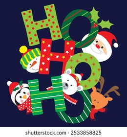 Christmas card design with santa, polar bear, penguin, reindeer, snowman and ho ho ho text
