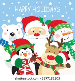 Christmas card design with santa, reindeer, snowman, penguin and polar bear