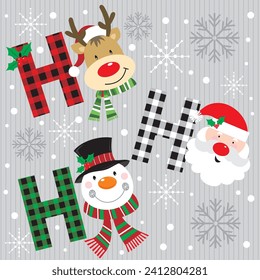 Christmas card design with santa, reindeer, snowman, ho ho ho text and buffalo plaid