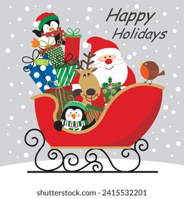 Christmas card design with santa, reindeer, penguins and gifts on the sleigh