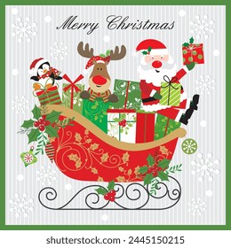 Christmas card design with santa, reindeer, penguin and gifts on the sleigh