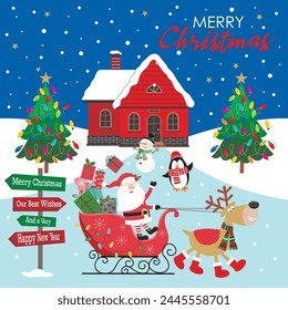 Christmas card design with santa, reindeer, sleigh and house