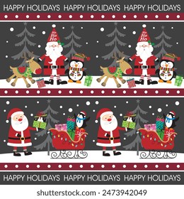 Christmas card design with santa, reindeer and penguin