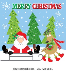 Christmas card design with santa, reindeer and sleigh