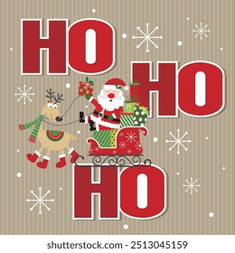 Christmas card design with Santa, reindeer, sleigh and ho ho ho