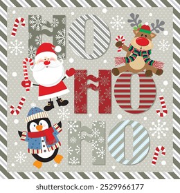 Christmas card design with Santa, reindeer, penguin and ho ho ho