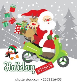 Christmas card design with Santa, reindeer, penguin and scooter