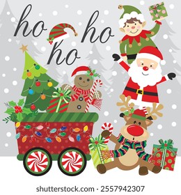 Christmas card design with Santa, reindeer, elf, gingerbread man and tree