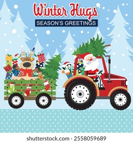 Christmas card design with Santa, reindeer, penguin and gifts on tractor