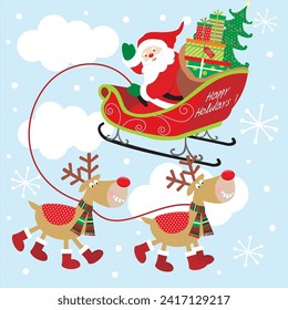 Christmas card design with santa, sleigh and reindeer