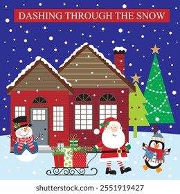 Christmas card design with Santa, sleigh, snowman, penguin and house