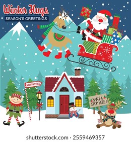 Christmas card design with Santa, sleigh, reindeer, elf and house