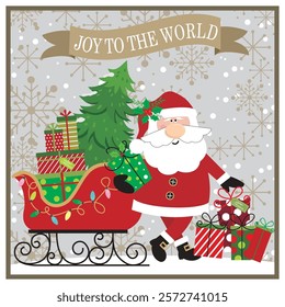 Christmas card design with Santa, sleigh, gifts and tree