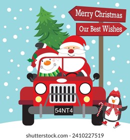 Christmas card design with santa and snowman on the car