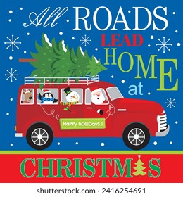 Christmas card design with santa, snowman, penguin, reindeer and tree on the car