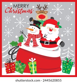 Christmas card design with santa, snowman and reindeer gift sack