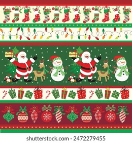 Christmas card design with Santa, snowman, reindeer, bauble, stocking and penguin