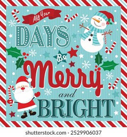 Christmas card design with Santa, snowman and lettering