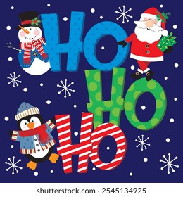 Christmas card design with Santa, snowman, penguin and ho ho ho