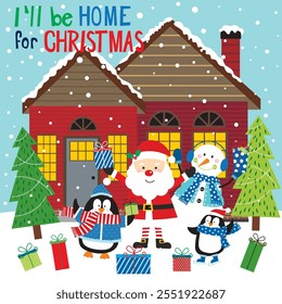 Christmas card design with Santa, snowman, penguin and house