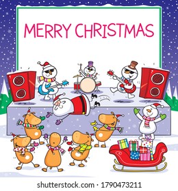 Christmas card design of Santa stage diving at snowman rock concert.