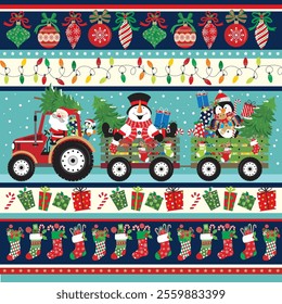 Christmas card design with Santa, tractor, snowman, penguin, bauble and stocking pattern