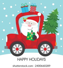 Christmas card design with santa and christmas tree on the car