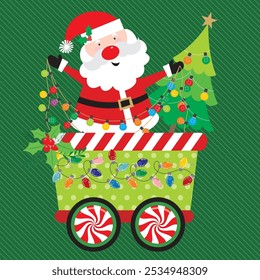 Christmas card design with Santa and tree on carriage