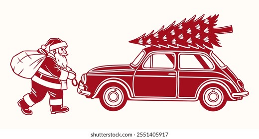 Christmas card design with santa and christmas tree on the car in flat style with  a white background.