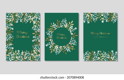 Christmas card design set, Decorated frame, Gold and white leaves illustration on green background