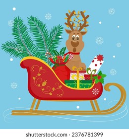 Christmas card design with Christmas sledge and reindeer with gift boxes inside. Cute Holiday brochure on blue background. Stock vector illustration