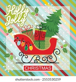 Christmas card design with sleigh, gifts, tree and lights