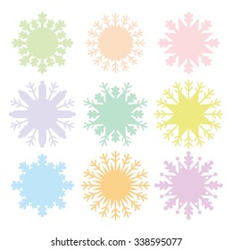 Christmas card design snowflake set blue mint orange pink lilac on white background. Vector