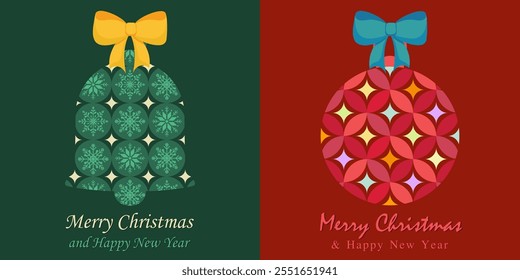 Christmas card design with snowflakes in bell frame and colorful retro graphic in ball ornament. Elegant Christmas Card Ideas design for Christmas cards