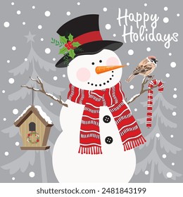 Christmas card design with snowman, bird and birdhouse