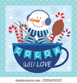 Christmas card design with snowman and candy cane on a mug
