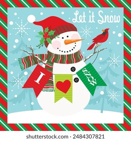 Christmas card design with snowman and cardinal bird