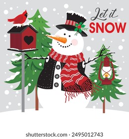 Christmas card design with snowman, cardinal bird and birdhouse