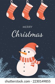 christmas card design with snowman and gift socks