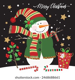 Christmas card design with snowman  gift and wreath flowers