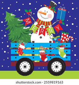 Christmas card design with snowman, gifts and tree on carriage