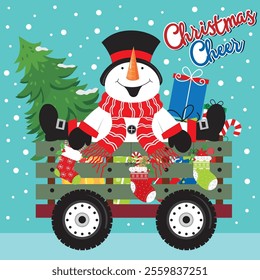 Christmas card design with snowman, gifts and tree on carriage