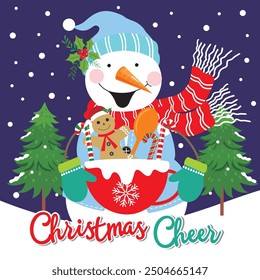Christmas card design with snowman and gingerbread man on a mug
